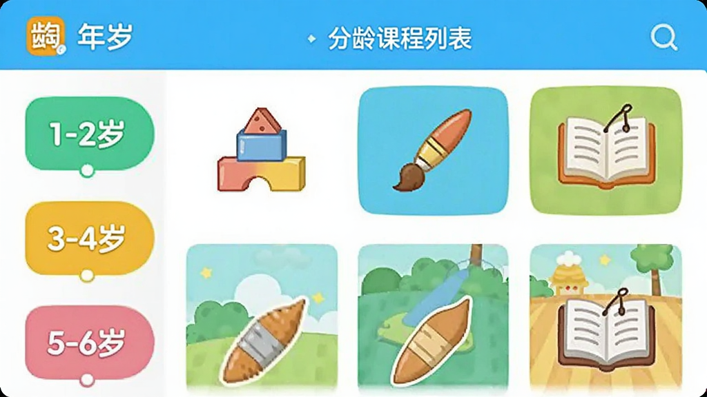 չʾ������App�ڵķ���γ��б�ҳ�棬����������ǩ��1-2�ꡱ����3-4�ꡱ����5-6�ꡱ���Ҳ��Ǹ������Ӧ�Ŀ�ͨ�γ̿�Ƭ����Ƭ����Сͼ�����ľ�����ʡ��鱾��������ɫ���ã��Ű����룬���ʸɾ��޶���Ԫ�ء�