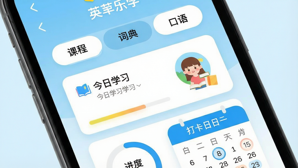 һ�������ֻ���Ļ��д����Ļ������ʾ��Ӣ����ѧ��App�����棬������ǳ��ɫ����ĸɾ������������Ϸ��С��γ̡����ʵ䡱�����������ǩҳ���м��ǽ���ѧϰ��Ƭ���ײ��ǽ��Ȼ��ʹ������������Ű����ִ�����ƽ����ƣ�ͼ��Բ��ɫ�����죬���ʸɾ��޶���Ԫ��