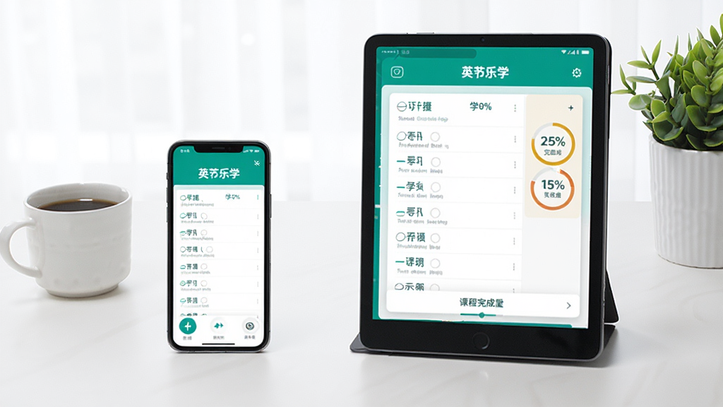 ��̨�����豸����չʾ��Ӣ����ѧ��App��ͬ�����ܣ�������ֻ����ұ���ƽ�壬������Ļ�϶���ʾ��ͬ��ѧϰ���Ƚ��棬���������б��Ϳγ���ɶȰٷֱȣ�����Ϊ�������棬�п��ȱ�����ֲ��׺������������������ʸɾ��޶���Ԫ��
