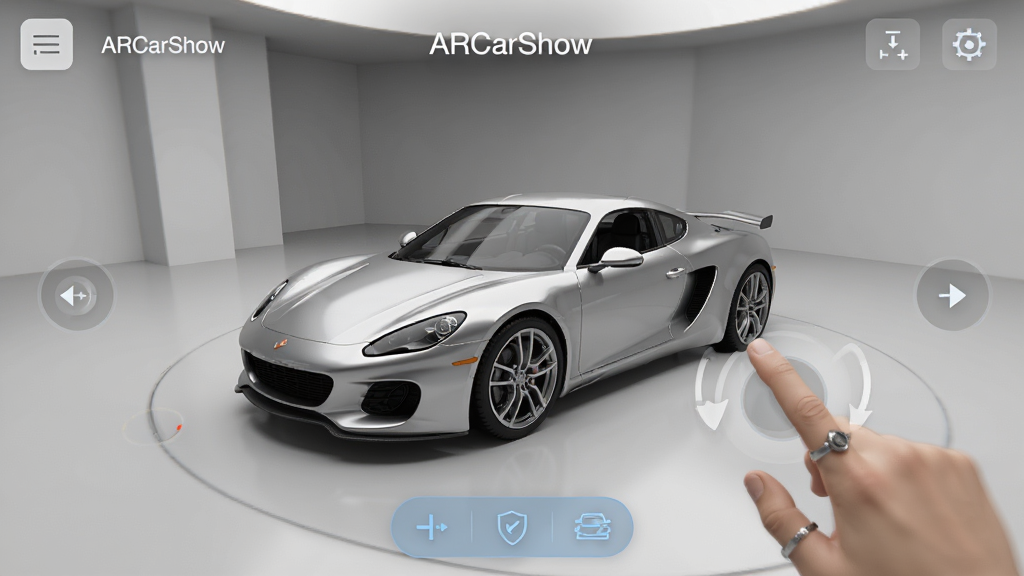 ARCarShow������չʾһ����ɫ�ܳ������ڻ����е�3Dģ�ͣ��û���������ָ��ת���Ų鿴�������ϸ�ڣ��������ִ����й��ܰ�ť�����ʸɾ��޶���Ԫ��