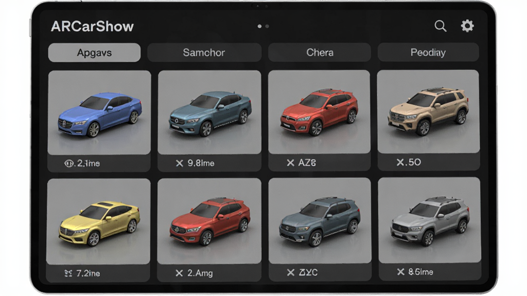 ARCarShow����ѡ����棬��Ļ����������ʽ���ж�ͬƷ�ƺ���ɫ������3Dģ�ͣ������γ���SUV�������з����ǩ�����岼������������ִ������ʸɾ�