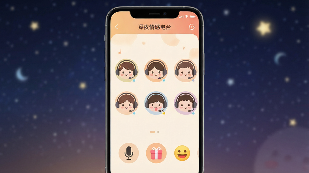生成一张展示“欢心伴聊”APP语音房间界面的高清截图风格图片,主体是手机屏幕内的一个温暖色调的语音聊天室,顶部显示房间名“深夜情感电台”,下方排列着几个带耳机的卡通头像,底部是麦克风、礼物、表情等简洁图标。布局清晰,排版符合移动端UI设计规范,风格柔和亲切,细节包括背景中模糊的星空壁纸,画质干净,无多余元素。