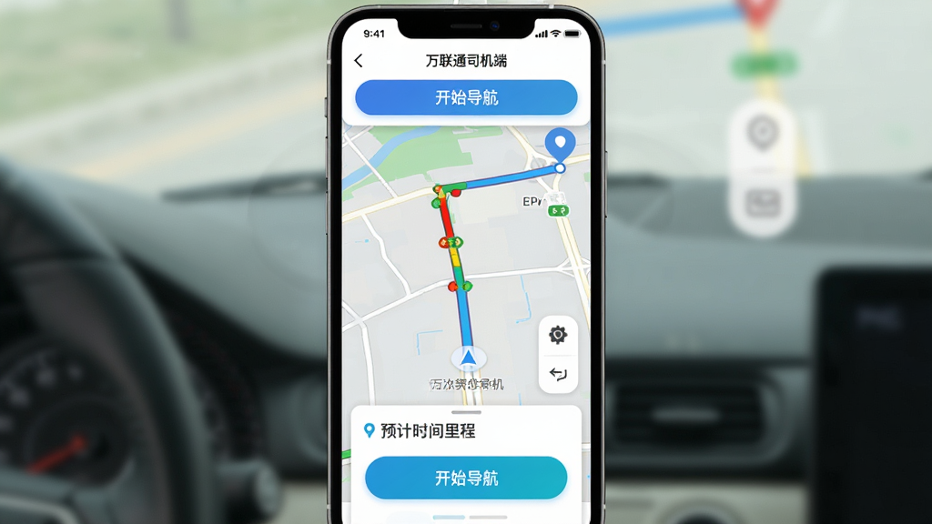 �ֻ���Ļչʾ������ͨ˾���ˡ��ĵ������棬��ͼ����һ���ӵ�ǰλ�õ�Ŀ�ĵص���ɫ·�ߣ�;���ú���̱�עӵ��·�Σ��ײ�������Ƭ��ʾԤ��ʱ�����̡���Ļ�Ϸ��С���ʼ��������ť�������������ɫ�����������ʸɾ��޶���Ԫ�ء�