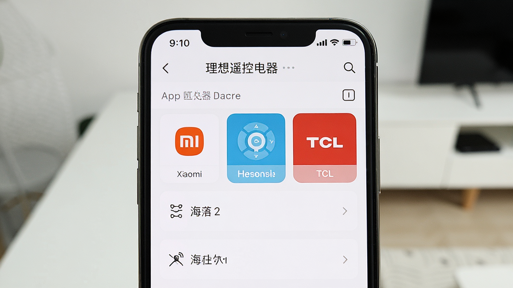 һ��չʾ������ң������App����ƥ�书�ܵĽ�ͼ���ֻ���Ļ��ʾѡ�����Ʒ�Ƶ��б�������С�ס����š�TCL�ȣ������Ǹɾ������棬�������������ֺ���������࣬ϸ�ڷḻ�����ʸɾ��޶���Ԫ��