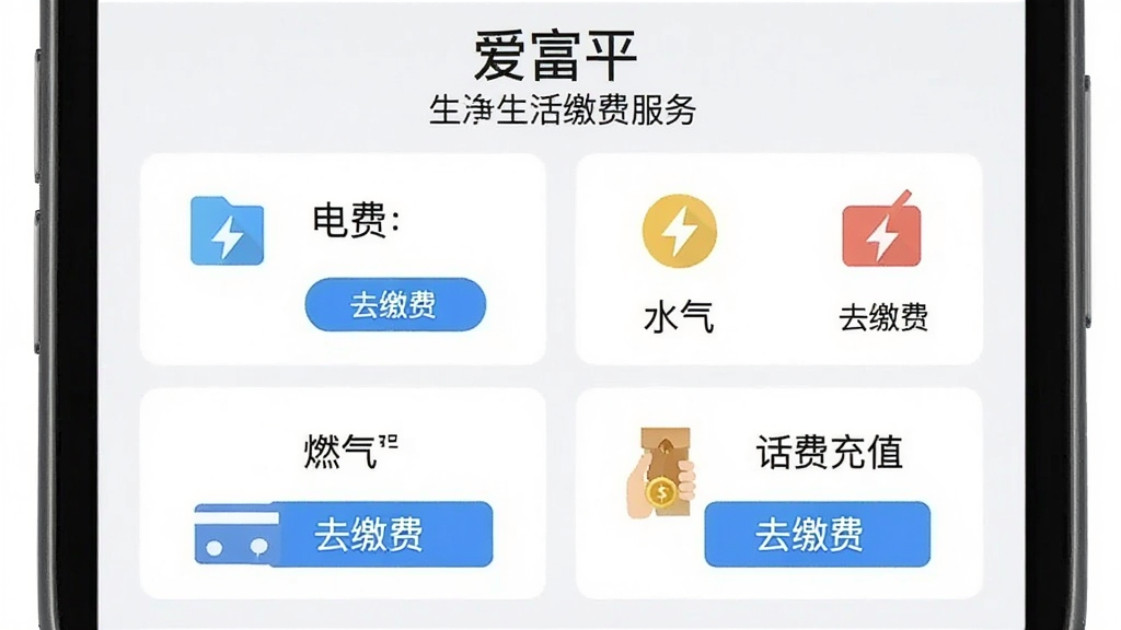 �ֻ�������ʾ������ƽ������ɷѷ���ҳ�棬������ѡ�ˮ�ѡ�ȼ���ѡ����ѳ�ֵ�ĸ���飬ÿ������ж�Ӧ��ͼ��͡�ȥ�ɷѡ���ť������ǳɫ������ƽ�����ʸɾ��޶���Ԫ��