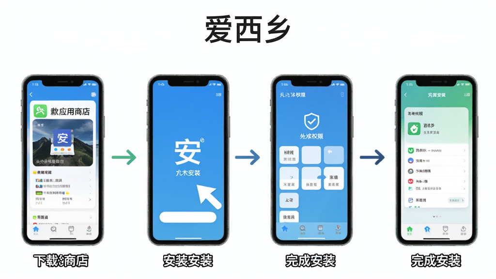 һ��ʾ��ͼ��չʾ�������硱App�İ�װ���裬������Ӧ���̵����ء������װ������Ȩ�ޡ���ɰ�װ�ĸ����裬ÿ���������ֻ�����ʾ��ͼ�����������죬���������������ɾ���