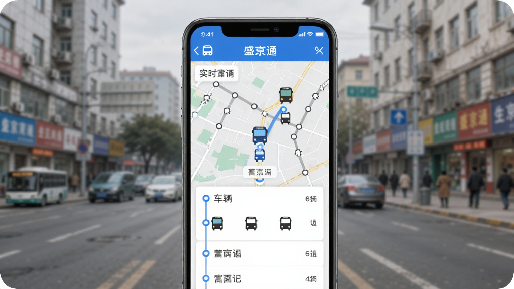 �����ֻ���Ļ��ʾʢ��ͨApp��ʵʱ����ҳ�棬��ͼ����ʾ������ͼ���վ���б����г���λ�ñ�ǣ������������ֵ�����������ɫ�Ͱ�ɫΪ������Ϣ�����׶�����������������ʸ��壬�޶���Ԫ��