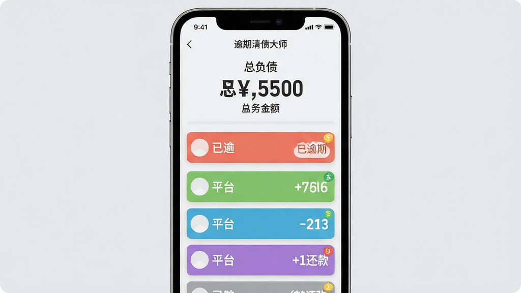 ����ͼ��չʾ��������ծ��ʦ��APP��ծ������ҳ�棬����Ϊ�ֻ������ͼ���ҳ���Ϸ��ô��������ʾ�ܸ�ծ���·��Բ�ͬ��ɫ�ĳ�����Ƭ�г���ƽ̨���ƺ�Ƿ�������Ϊǳ��ɫ������Ϊ�б�ʽ�Ű棬�����ֱ�ۣ�ϸ�ڱ�ע�������ڡ��͡��������ǩ�����ʸɾ��޶���Ԫ�ء�
