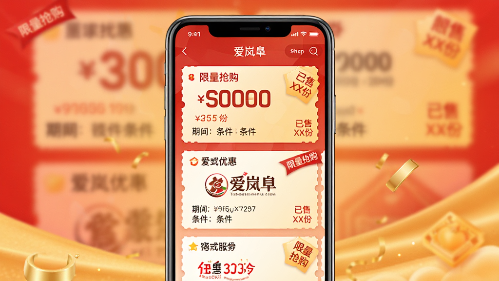 ���壺�����ֻ�չʾ����᰸ޡ�App���Ż�ȯҳ�棬��ʾ����̼��Ż���Ϣ�����֣��ֻ����У���Ļ���Կ�Ƭʽ���ж���Ż�ȯ��ÿ��ȯ���н����̼�Logo���Ű棺�Ż�ȯ������ִ����Ŀ��ʹ�����޺�������������񣺻��õĴ�����񣬱���Ϊ��ɫ�ͽ�ɫ���䣻ϸ�ڣ�ȯ���С�������������������XX�ݡ����������ʣ�������Ⱦ��ɫ�����ޣ����ʸɾ����޶���Ԫ�ء�