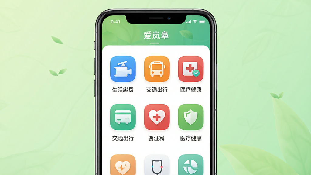 ���壺�����ֻ�չʾ����᰸ޡ�App�ı������ҳ�棬�����������ͼ�ꣻ���֣��ֻ����У���Ļ��������״���С�����ɷѡ�������ͨ���С�����ҽ�ƽ�������ͼ�ꣻ�Ű棺����ͼ���·����к������ƣ��������룻���������Ȼ��UI��񣬱���Ϊǳ��ɫ���䣻ϸ�ڣ�ÿ��ͼ���в�ͬ��ɫ����ˮ��Ϊ��ɫ������Ϊ��ɫ��ҽ��Ϊ��ɫ�����ʣ�������Ⱦ��ͼ���Եƽ�������ʸɾ����޶���Ԫ�ء�
