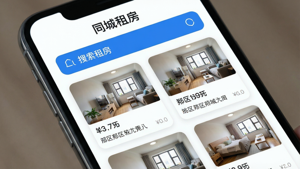 һ���ֻ���Ļչʾ�š�ͬ���ⷿ��App�Ľ��棬���������ִ�����ɫ��Ϊ���ף�������������Ŀ���·���Դ�б��Կ�Ƭ��ʽ���У�ÿ�ſ�Ƭ����������Ƭ���۸�С�����ƣ����岼������������ɾ���UI��Ʊ�ƽ����ϸ��Բ�󣬻��ʸ��壬ͻ����ͬ���ⷿ���ĸ�����ΪӦ��������ʾ����Ļ�������޶���Ԫ��