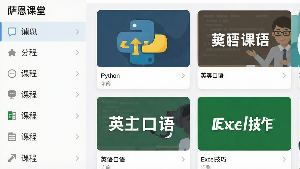 һ�š��������á�APP�Ŀγ̷�������ͼ�����Ϊ�����б����Ҳ�Ϊ�γ̿�Ƭ����ͼ���γ̷���ͼ���������������硰Python������Ӣ��������Excel���ɡ����ֱ�ǩ��Ŀ�������࣬����ƽ�����ʸɾ��޶���Ԫ��