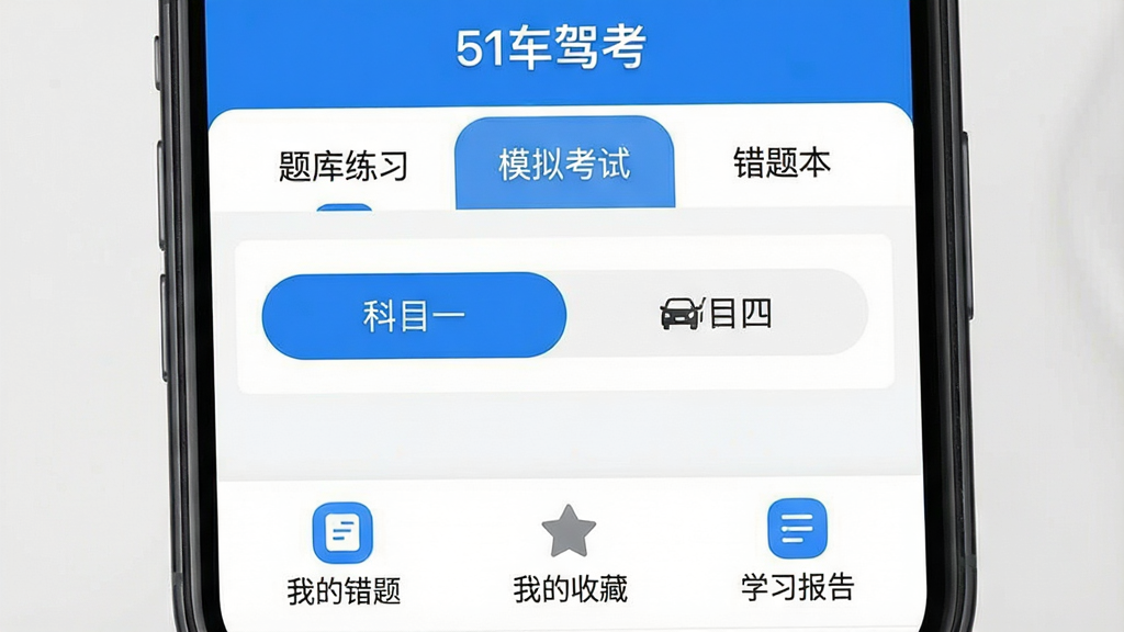 һ���ֻ���ͼ��չʾ��51���ݿ���APP�������棬�����С������ϰ������ģ�⿼�ԡ��������Ȿ������ѡ����м��ǿ�Ŀһ�Ϳ�Ŀ�ĵ��л���ť���ײ��ǡ��ҵĴ��⡱�����ҵ��ղء�����ѧϰ���桱�ȹ�����ڣ�����������ˬ���԰�ɫ����ɫΪ��ɫ����ͼ��Բ�󣬻��ʸɾ��޶���Ԫ�ء�