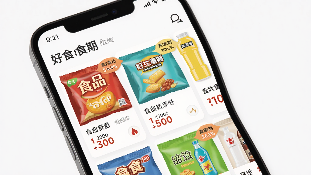��ʳ��APP���ֻ���Ļ��ʾʳƷ�����б����и�����ʳ�����ۿ۱�ǩ�������࣬�����ɾ��������Χ��������Ⱦ������ͻ���������������Ű�ֱ�ۣ�����ִ���ƽ��ϸ�ڷḻ�����ʸɾ��޶���Ԫ��