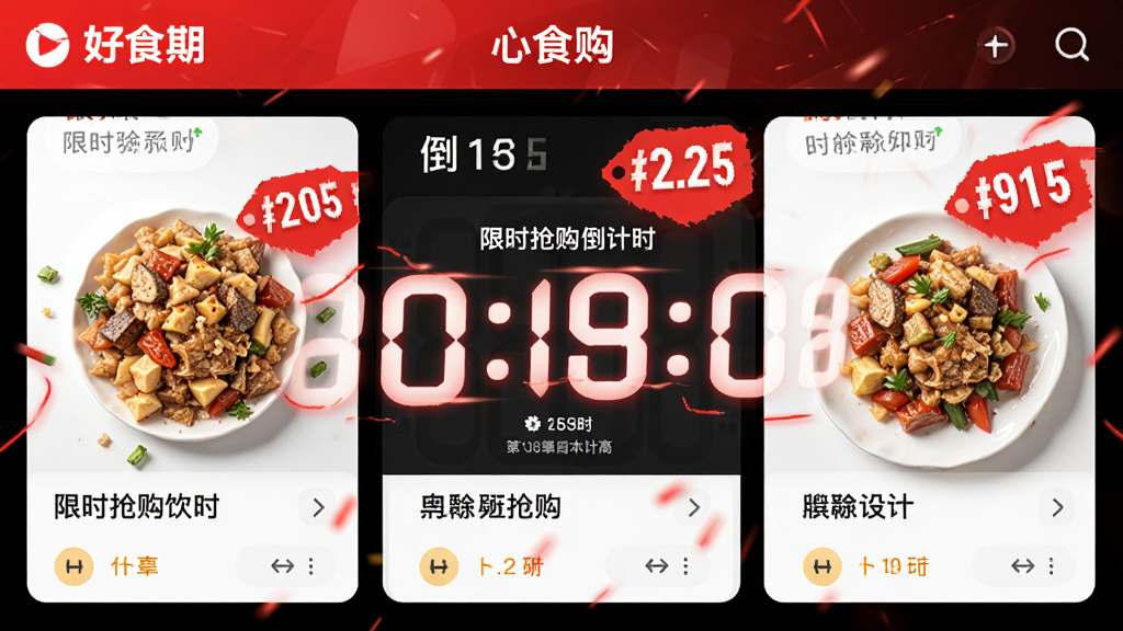 ��ʳ��APP����ʱ��������ʱҳ�棬��Ʒͼ���ɫ�۸��ǩ����Χ���Ŵ̼������涯�У������̴��������ֽ��գ�ϸ���е���ʱ���֣����ʸɾ��޶���Ԫ��
