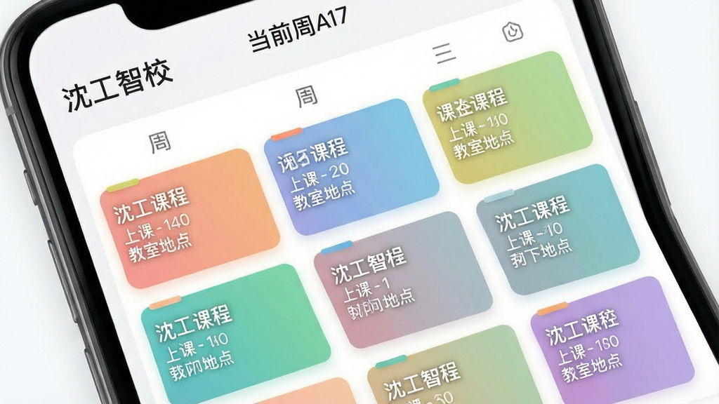 һ���ֻ�APP�α��������Ƹ壬��������Ϊ��λչʾ�γ̣�ÿ�ڿ��ò�ͬ��ɫ�Ŀ�Ƭ��ע�γ����ơ��Ͽ�ʱ��ͽ��ҵص㣬�����С�����У�������͵�ǰ�������������ֱ�ۣ�ɫ����ͣ����ֹ��������ʸɾ��޶���Ԫ�ء�