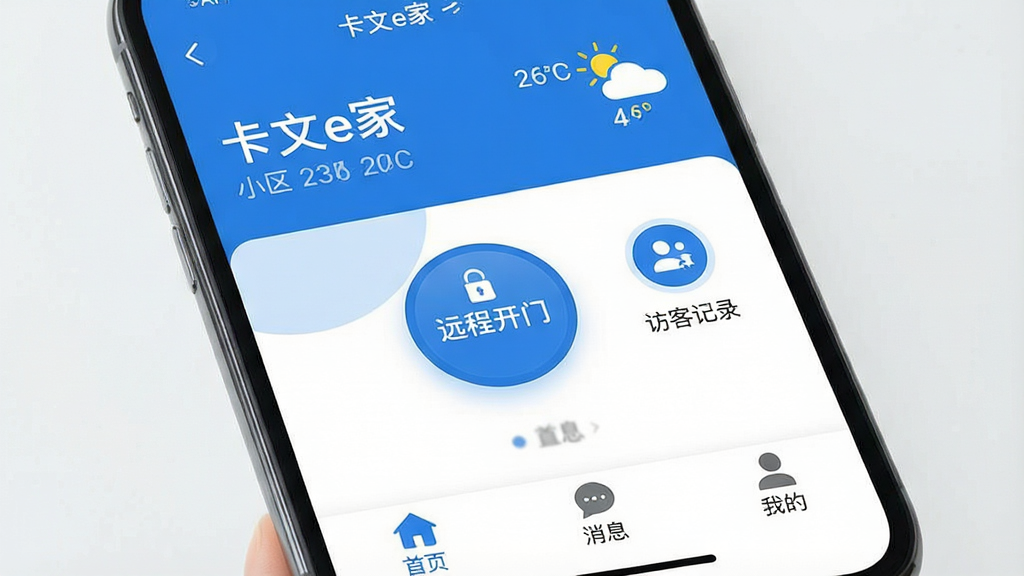 һ�������ֻ���Ļ����д����Ļ��������ʾ������e�ҡ�App�������棬�������������ɫ������ΪС�����ƺ�������Ϣ���м�����Ŀ�ġ�Զ�̿��š�Բ�ΰ�ť�͡��ÿͼ�¼��ͼ�꣬�ײ�����ҳ����Ϣ���ҵ�����ѡ������沼�ּ������������ִ���ƽ�����ʸɾ��޶���Ԫ��