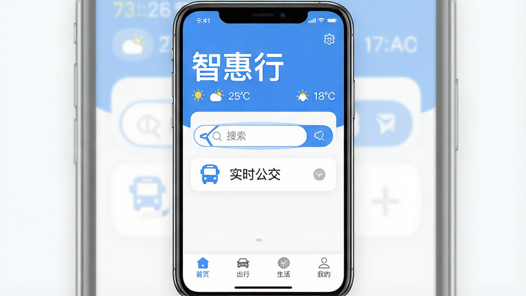 一张竖版手机截图样式的宣传图,画面中央是App主界面,顶部显示“智惠行”三个大字和天气信息,中间是醒目的路线搜索框和“实时公交”快捷入口,底部为“首页”、“出行”、“生活”、“我的”四个选项卡,整体UI设计简洁现代,以蓝白色调为主,图标圆润清晰,背景干净无多余元素,画质高清。