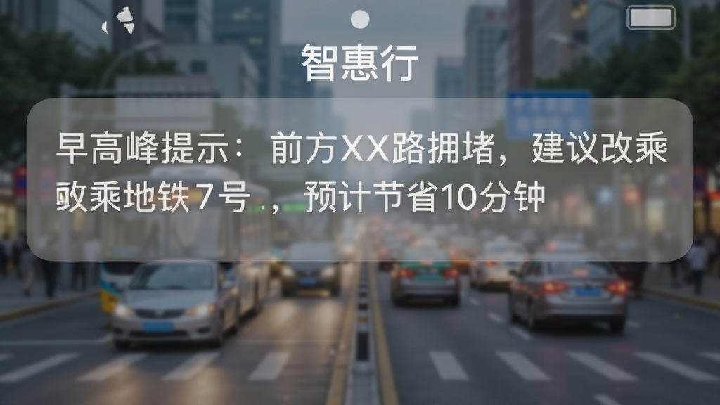 手机锁屏通知样式的图片,顶部显示“智惠行”名称,通知内容为“早高峰提示:前方XX路拥堵,建议改乘地铁7号线,预计节省10分钟”,背景是模糊的街景,文字清晰,画质干净,风格写实。