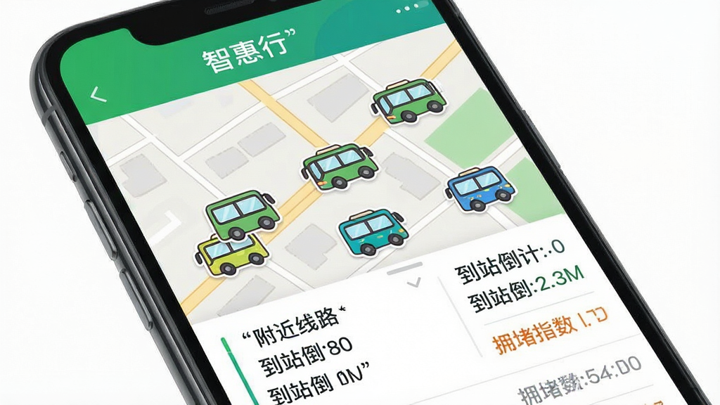 一张手机截屏风格图片,显示“智惠行”的实时公交功能页面,地图上有一辆辆卡通风格的公交车图标,底部列表清晰列出附近线路、到站倒计时和拥堵指数,界面信息层级分明,绿色与蓝色点缀,画质干净无多余元素。
