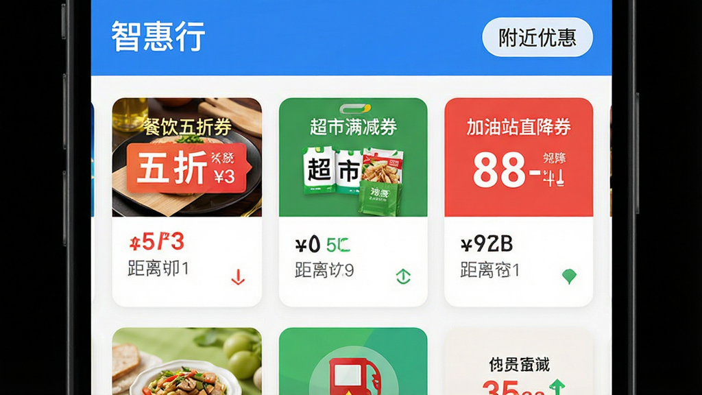 一张生活服务类App界面设计图,页面顶部写有“智惠行”和“附近优惠”标签,中间以卡片形式排列着餐饮五折券、超市满减券、加油站直降券等,每张卡片都带有醒目的价格标签和距离信息,色彩明快,布局整齐,画质高清无多余元素。