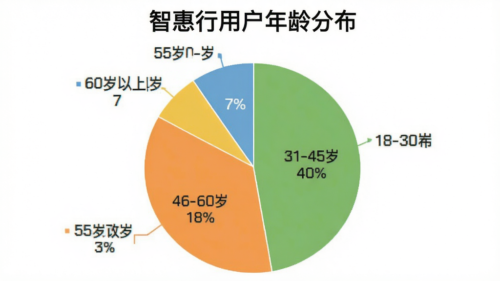 一个简洁的饼状图,标题为“智惠行用户年龄分布”,图表显示18-30岁占35%,31-45岁占40%,46-60岁占18%,60岁以上占7%,配色清新,白色背景,文字清晰,画质干净。