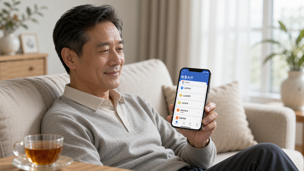 一位中年男士坐在家中沙发上,手持智能手机,屏幕上显示爱耀州App的“政务大厅”页面,列表中有“社保查询”、“公积金预约”等选项,旁边有一杯茶,整体环境温馨明亮,人物表情轻松专注,画质清晰自然,无多余元素。