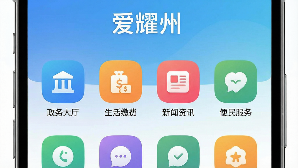 一张智能手机屏幕展示爱耀州App的主界面,界面顶部显示“爱耀州”字样,中间是功能图标网格排列,包括“政务大厅”、“生活缴费”、“新闻资讯”、“便民服务”等彩色圆角图标,背景为清新的蓝白渐变色调,整体风格现代简洁,画质干净,无多余元素。