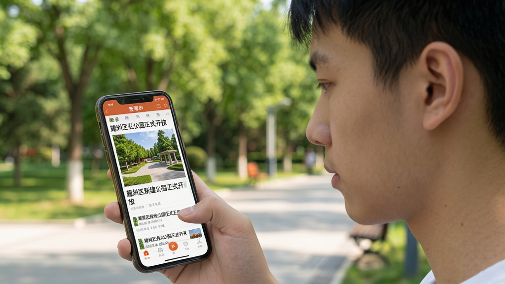 一个年轻人正拿着手机观看爱耀州App的新闻资讯页面,屏幕上显示一条标题为“耀州区新建公园正式开放”的新闻配图,背景是公园绿树成荫的场景,手机屏幕内容清晰可见,人物侧脸专注,色彩自然,画质干净,无多余元素。