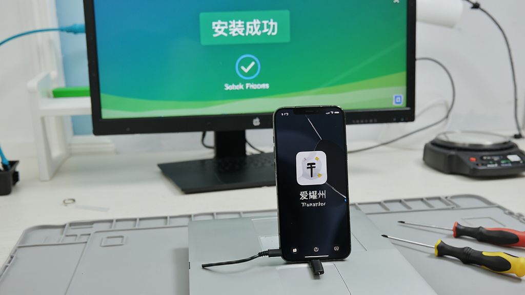 一部手机正连接到电脑,屏幕上显示“爱耀州”安装包正在传输,电脑显示器上有“安装成功”的提示,桌面上摆放着螺丝刀等维修工具,背景是简约的工作台,画面清晰,干净无杂物。