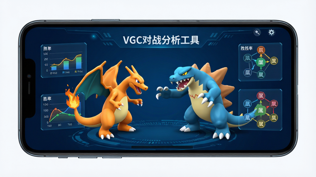 ���Ӿ�ͼ������չʾһ���ֻ����ֻ���Ļ����ʾ��VGC��ս�������ߡ��Ľ��棬���汳��Ϊ����ɫ�Ƽ��з��������ʾһֻ�������һֻ��ҧ½���3D��ģ��ս��Ӱ����Χ����������ͼ����ʤ�����ߺ����Կ��ƹ�ϵͼ�����ֱ�ǩд��