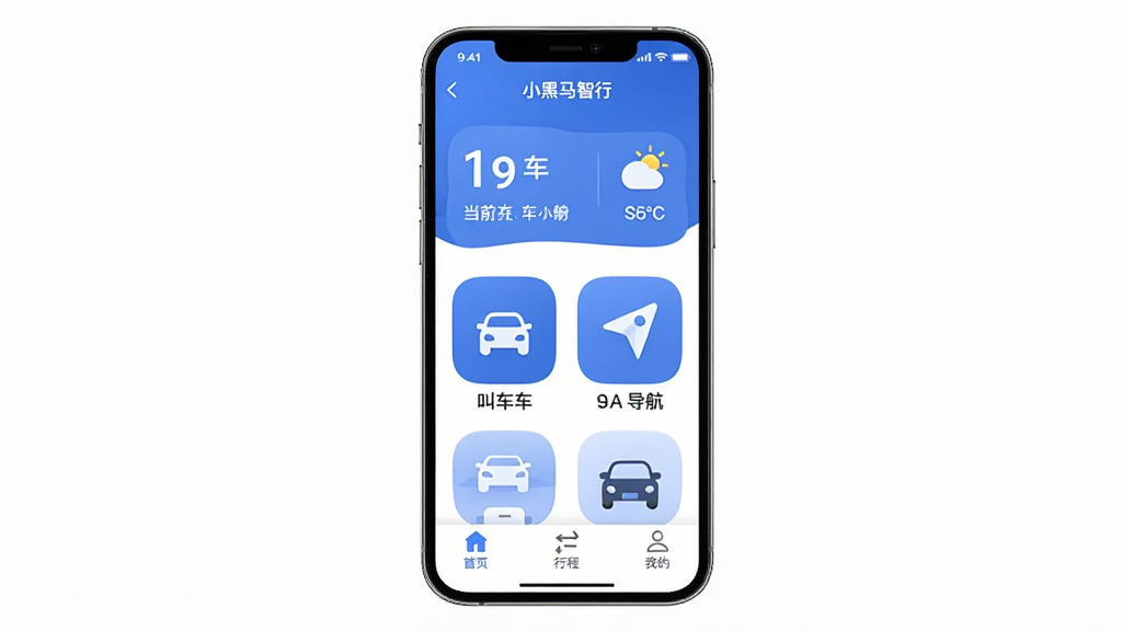 ͼƬչʾ��С�������С�APP���ֻ��ϵ������棬����������Ϊ��ɫ����������ʾ��ǰ��λ���������м��ǽг����������⳵�ȴ�ͼ�갴ť���ײ��С���ҳ�����г̡����ҵġ�����ѡ����������ƽ��࣬ͼ��Բ�󣬻��ʸɾ��޶���Ԫ�ء�