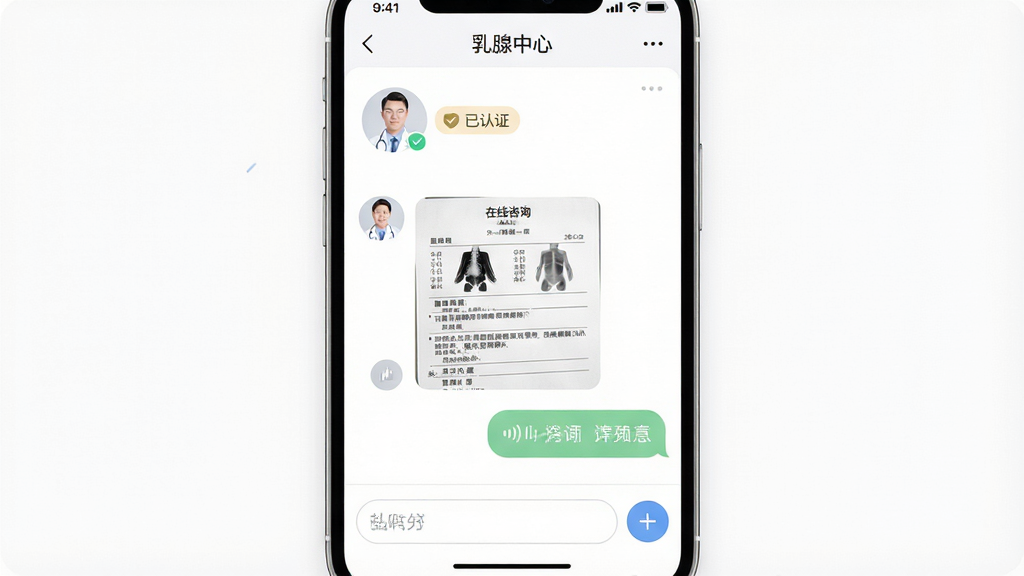 �ֻ�������д����Ļ����ʾ���������ġ�App�ġ�������ѯ�����촰�ڣ�������ҽ��ͷ��͡�����֤����ʶ���в����û��ϴ��ļ�鱨��ͼƬ��һ�������������ݣ��ײ��������͡�+���Ű�ť������Ϊ����ɫ������UI���Բ��������ɫ�ʴ�����ͣ����ʸɾ��޶���Ԫ��