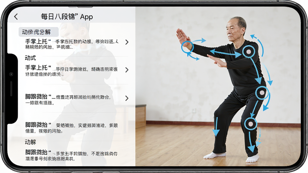 ���壺��ÿ�հ˶ν���App�ڵ���ϸ���������档���֣����Ϊ�����ֽⲽ��������б����Ҳ�Ϊ����ʵ��ͼƬ��ͼƬ���ü�ͷ��ԲȦ��ע���˶��켣���Ű棺ͼ�Ĳ�ï���߼���������񣺽�ѧ�ֲ����Ͻ���ʵ��ϸ�ڣ�����������ȷ�����������С����Ÿ�΢̧���ȡ����ʣ�ͼƬ��������ע��Ŀ���޶���Ԫ�ء�