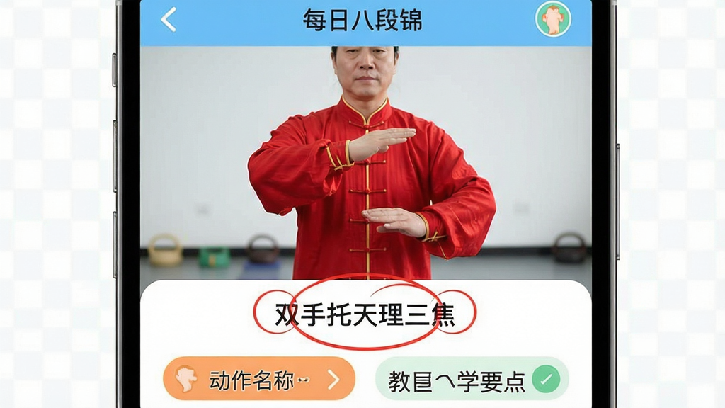���壺�ֻ���Ļչʾ��ÿ�հ˶ν���App�ڵ����˽�ѧ��Ƶ���档���֣���Ƶ����ռ����Ļ�ϰ벿�֣���ʦ���ź�ɫ������ʾ���������°벿��Ϊ�������ƺ�Ҫ�����֡��Ű棺�����࣬��Ƶ�·��С�˫�����������������������ú�ɫȦ��ע���ֲ�ϸ�ڡ����дʵ��񣬽���UI��ƽ����ϸ�ڣ���Ƶ����������UI��ťԲ��ɫ�����졣���ʣ�����ɾ����޶���Ԫ�ء�