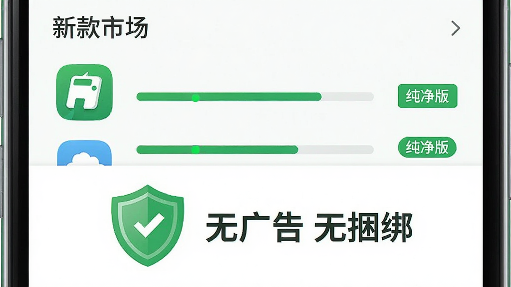 一个手机下载管理页面,顶部显示“新款市场”正在下载的应用列表,每个应用右侧有进度条和“纯净版”标签,页面下方有一个醒目的盾牌图标,旁边写着“无广告 无捆绑”,整体界面以绿色和白色为主,传达安全和清爽的感觉,画质干净,无多余元素。