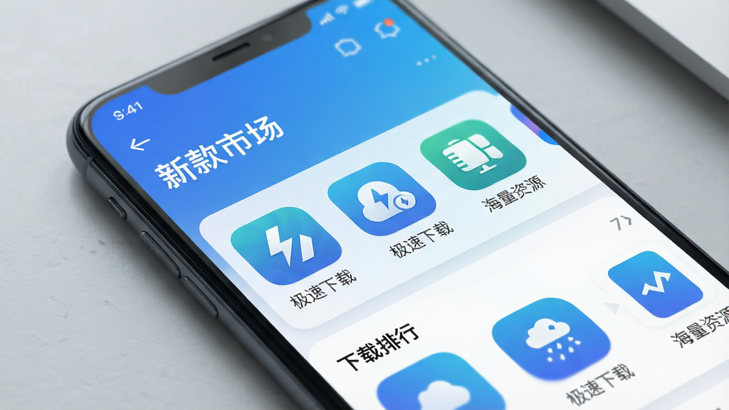 一张智能手机屏幕的特写,屏幕中显示一个名为“新款市场”的应用商店界面,界面设计简洁现代,以蓝白渐变为主色调,主界面展示了几个应用图标和“下载排行”栏目,整体画风干净明亮,突出“极速下载”和“海量资源”字样,手机背景为浅灰色桌面,画质高清,无多余元素。