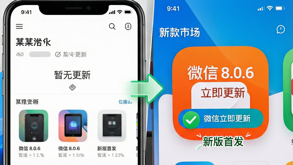 一张电脑或手机后台的对比截图风格图片,左边是某应用商店界面,显示“暂无更新”,右边是“新款市场”应用界面,醒目地显示着“微信 8.0.6 立即更新”的按钮,并用绿色对勾图标突出“新版首发”字样,画面排版清晰,色彩明快,突出速度对比,画质细腻。