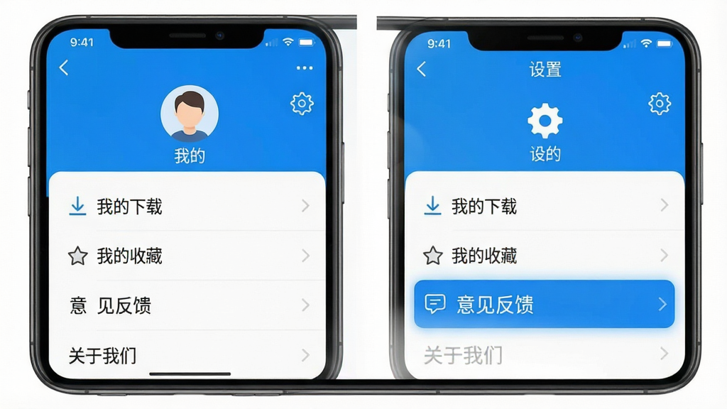 一张手机截图风格的图片,展示“新款市场”应用的“我的”页面,页面上方是用户头像和“设置”图标,下方有“我的下载”、“我的收藏”、“意见反馈”和“关于我们”等菜单项,整体界面风格简洁,蓝白配色,突出“意见反馈”选项,画质干净,无多余元素。