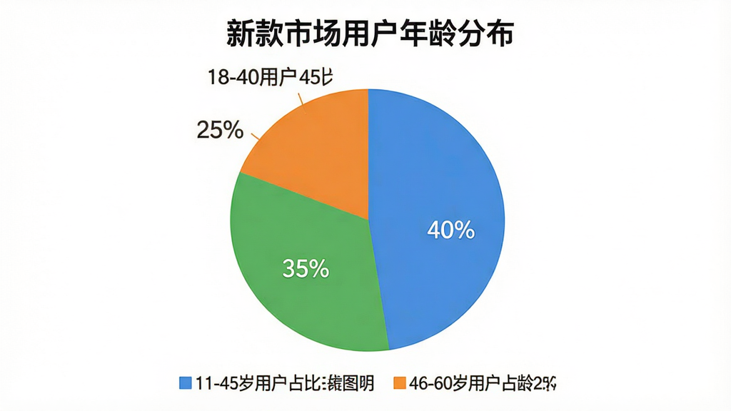 一张数据图表风格的图片,标题为“新款市场用户年龄分布”,以饼状图形式展示,18-30岁用户占比40%,31-45岁用户占比35%,46-60岁用户占比25%,颜色分别用蓝色、绿色和橙色表示,图表下方有图例说明,背景为白色,整体风格简洁,画质干净。