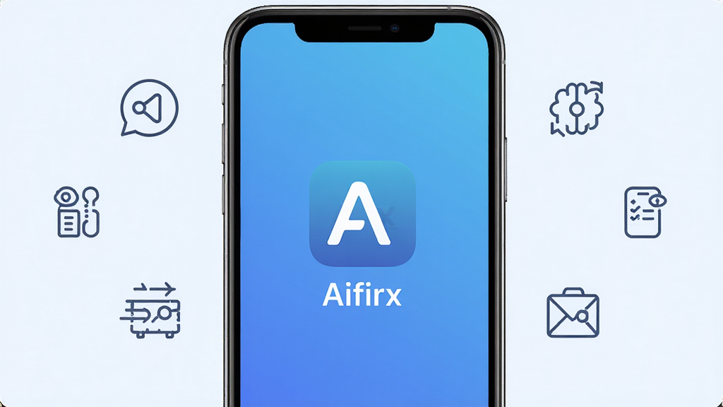 一张展示智能手机屏幕的图片,屏幕中央显示APP图标和名称“AIfirx”,背景为极简渐变蓝色,周围漂浮着代表智能、高效、便捷的简约线条图标,布局居中,排版清晰,风格为现代扁平化,细节圆润,画质干净无多余元素