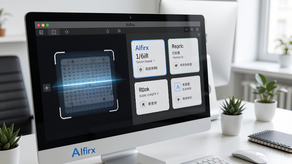 展示“AIfirx”软件界面的特写,屏幕上有扫描动画和识别结果卡片,背景为明亮办公桌,布局清晰,排版有序,风格写实,细节丰富,画质干净无多余元素