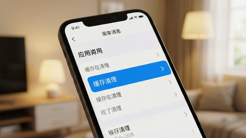 一张手机屏幕显示应用设置界面的图片,页面中有“缓存清理”选项被高亮,背景为柔和室内光,布局清晰,风格写实,细节真实,画质干净无多余元素