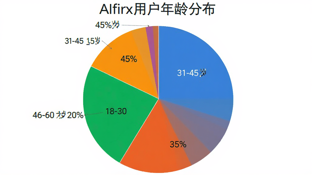 一张饼状图,展示AIfirx用户年龄分布,18-30岁占45%,31-45岁占35%,46-60岁占20%,颜色鲜艳,背景白色,布局清晰,排版专业,风格简洁,细节准确,画质干净无多余元素