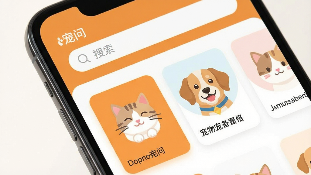一张手机屏幕特写,屏幕上显示宠物问答应用“宠问”的首页信息流,顶部有搜索框,下方是猫咪和狗狗的可爱头像卡片,界面以温暖的橙色和白色为主色调,布局清晰,风格现代扁平,画质干净无多余元素。