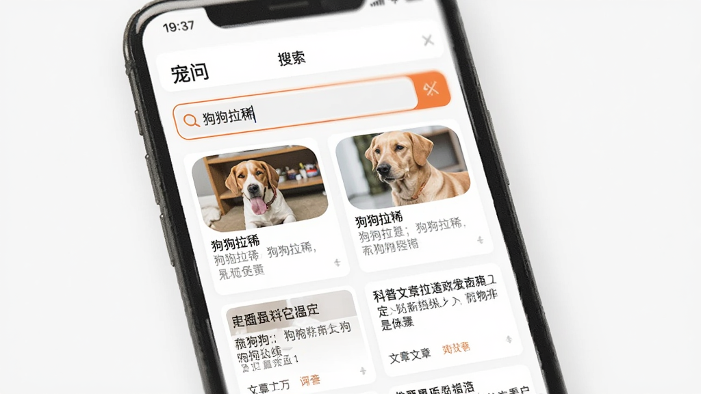 手机应用“宠问”的搜索结果显示页面,搜索框内输入“狗狗拉稀”,下方展示出多个相关问答卡片和科普文章列表,每张卡片都有标题和摘要,界面以白色为底,橙色点缀,布局清晰,现代简约风格,画质干净。