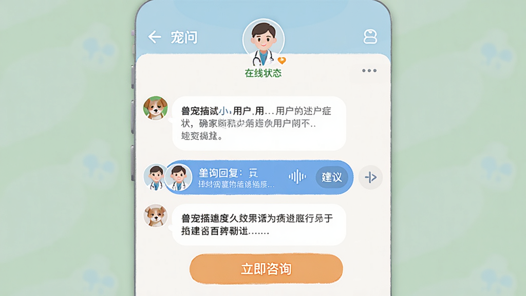 一个在线问诊的聊天界面截图,应用名称为“宠问”,顶部显示兽医的在线状态和头像,下方是用户描述宠物症状的文字气泡,紧接着是兽医给出的详细语音回复条和文字建议,界面配色柔和,有橙色“立即咨询”按钮,风格简洁友好,画质清晰。