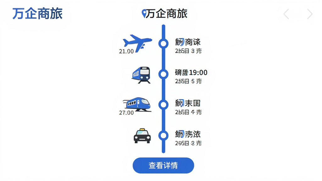 ͼƬչʾ���������á��г�ʱ����ҳ�棬һ����ɫ���ߴ��ϵ��´�����ͬʱ��ڵ㣬ÿ���ڵ����зɻ������������⳵��Сͼ�꣬����ע����ʱ��͵ص㣬�·���ʾ���鿴���顱��ť�������԰�ɫΪ�ף�������ɫ����ƽ����ƣ����ʸɾ���ͻ�����ܹ滮�С�