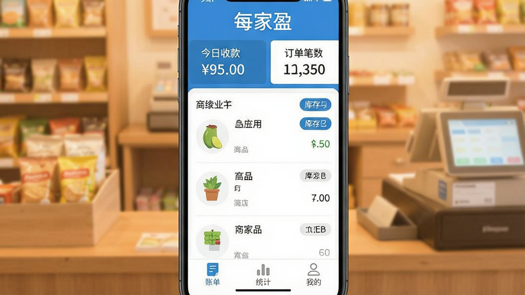 一张展示智能手机界面的图片,屏幕中显示“每家盈”APP主界面,背景是温馨的杂货店收银台,界面顶部有“今日收款”金额数字和“订单笔数”,中间是店铺商品列表和库存数量标签,底部有“账单”、“统计”、“我的”三个导航图标,整体风格扁平化,蓝白主色调,画面干净明亮,突出软件名称“每家盈”,无其他文字