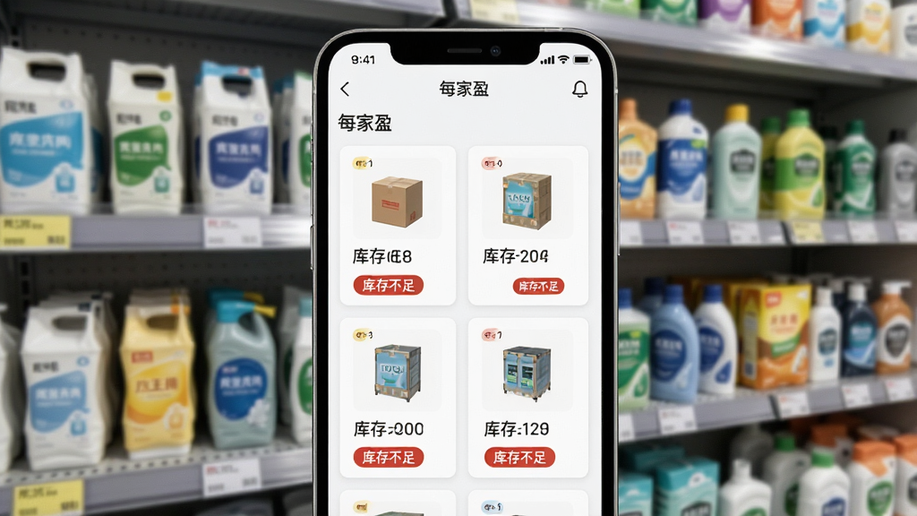 手机屏幕上显示“每家盈”APP的库存管理页面,页面里有多个商品卡片,每个卡片显示商品图片、名称、库存数字和“库存不足”红色小标签,背景是一个货架,上面摆满各类日用品,画面清晰,布局整齐,突出库存预警功能,画质干净无多余元素
